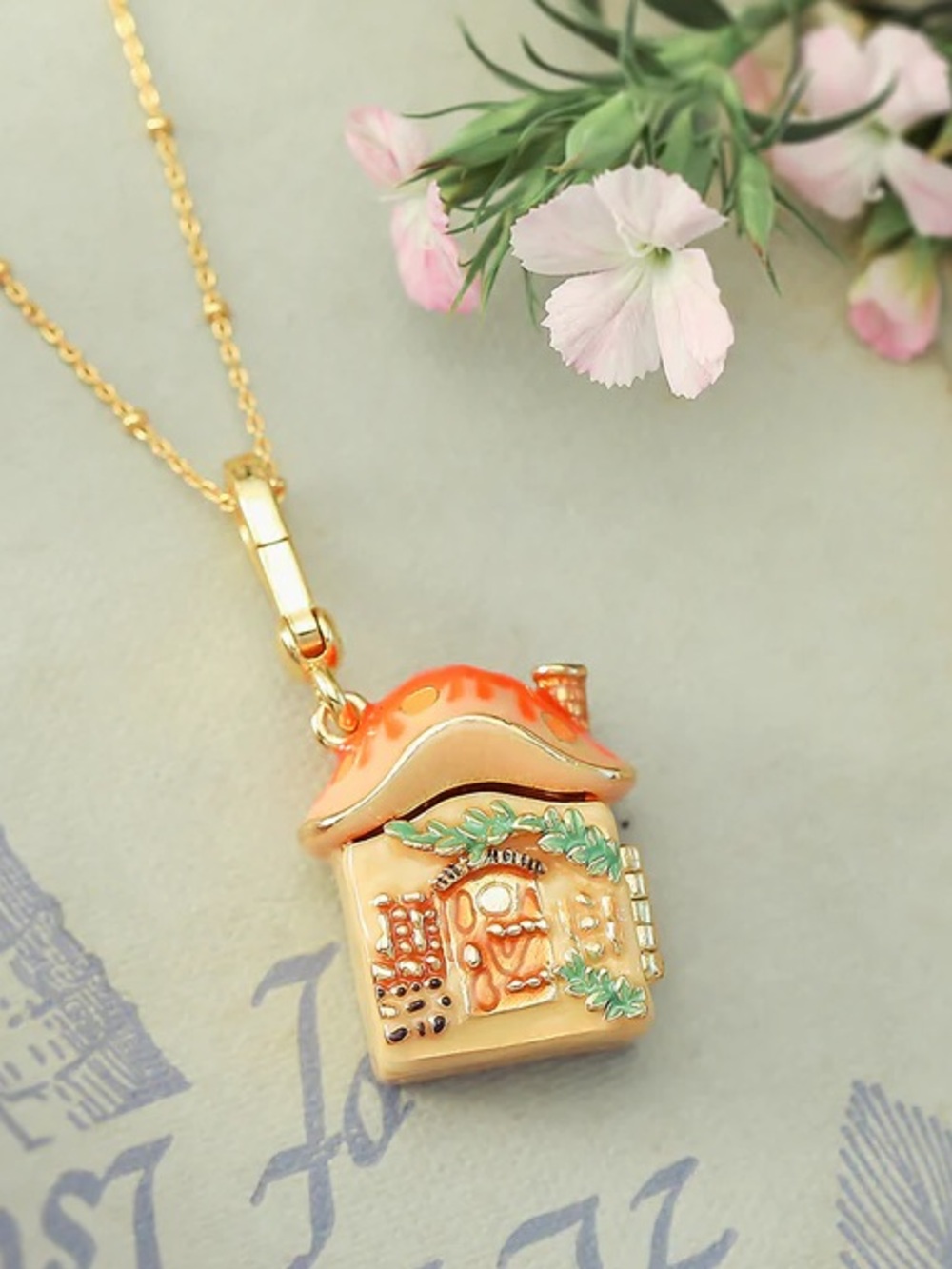 18K Gold Orange Mushroom House Cottagecore Pendant Locket Necklace - Picture 2 of 10